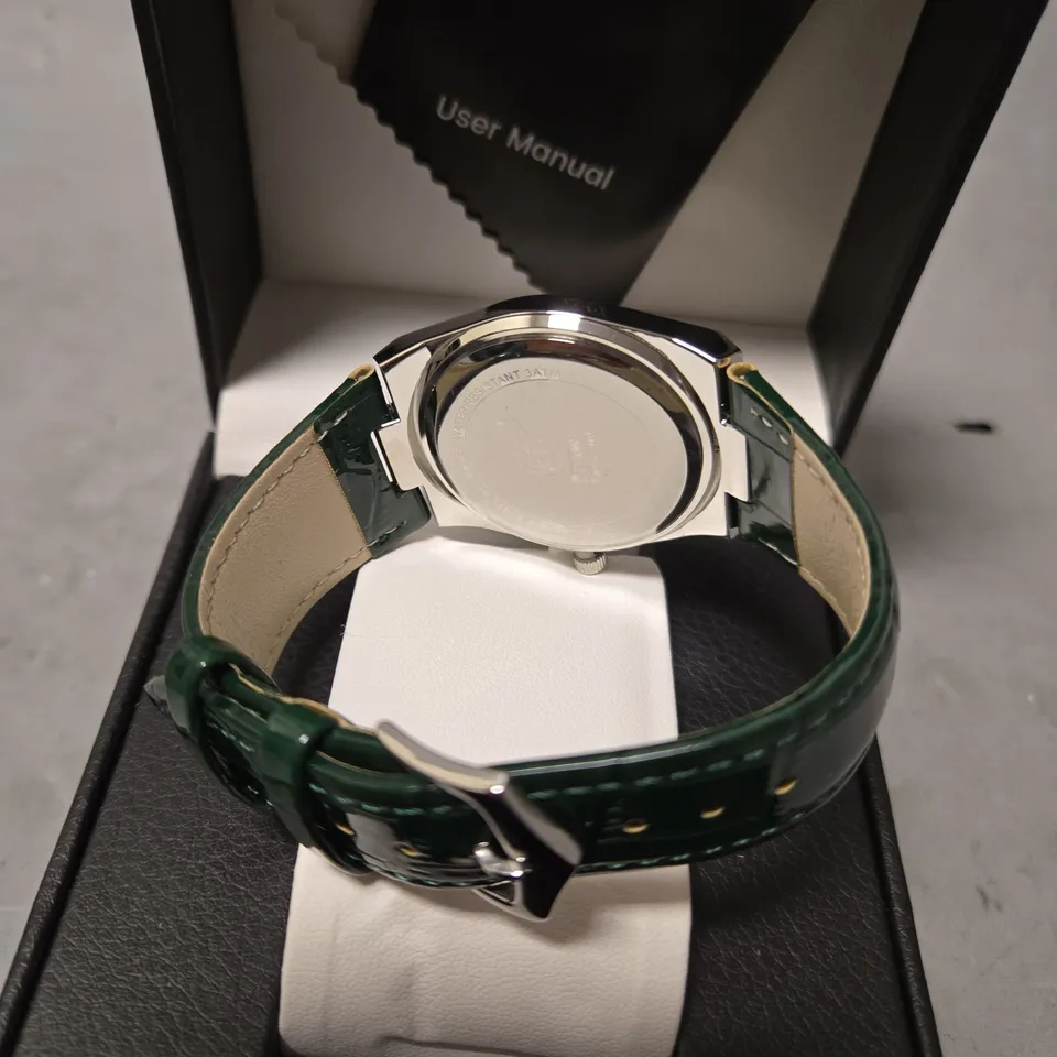 BOXED ERNEST FERDINAND MENS GREEN DIAL LEATHER STRAP WATCH