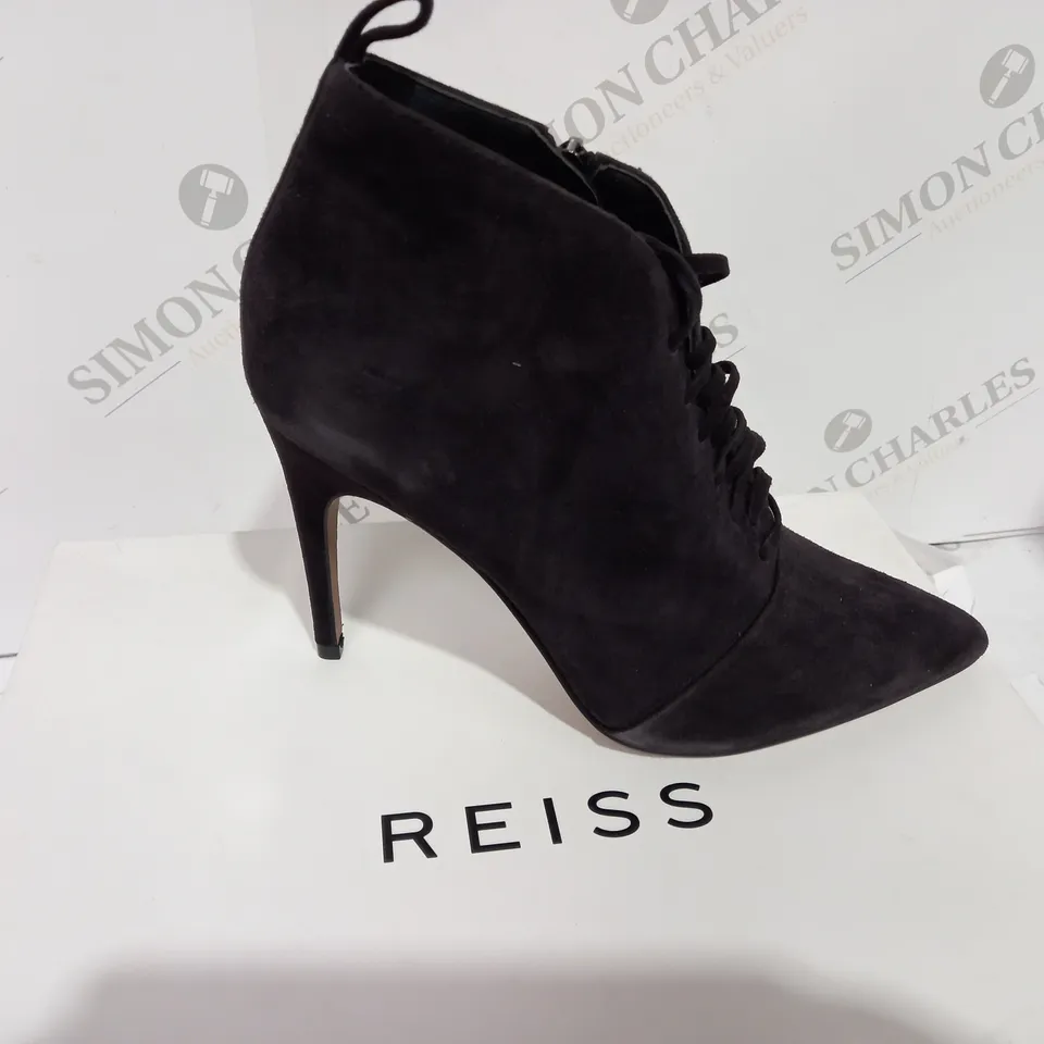 BOXED REISS SUEDE CHOCOLATE BOOT HEELS - SIZE 5