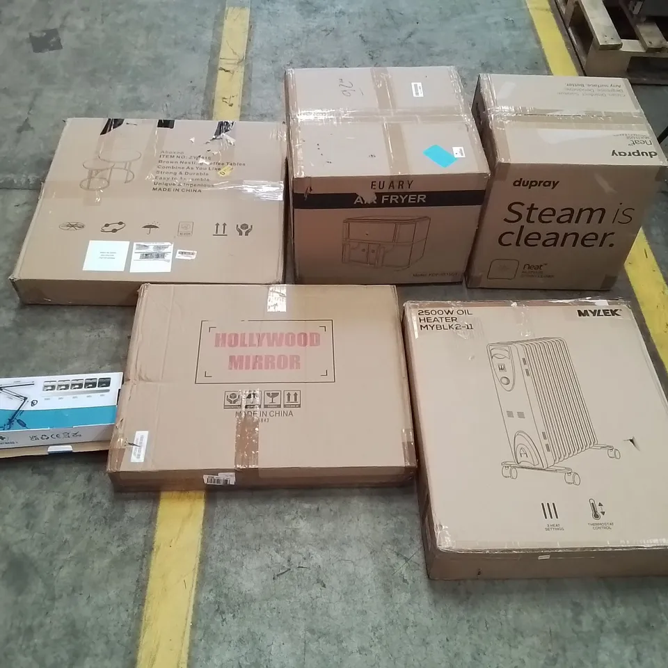 PALLET OF ASSORTED ITEMS TO INCLUDE: AIR FRYERS, STEAM CLEANER, 2500W OIL HEATER, HOLLYWOOD MIRROR, NESTING COFFEE TABLES, DIMMING DESK LIGHT ECT