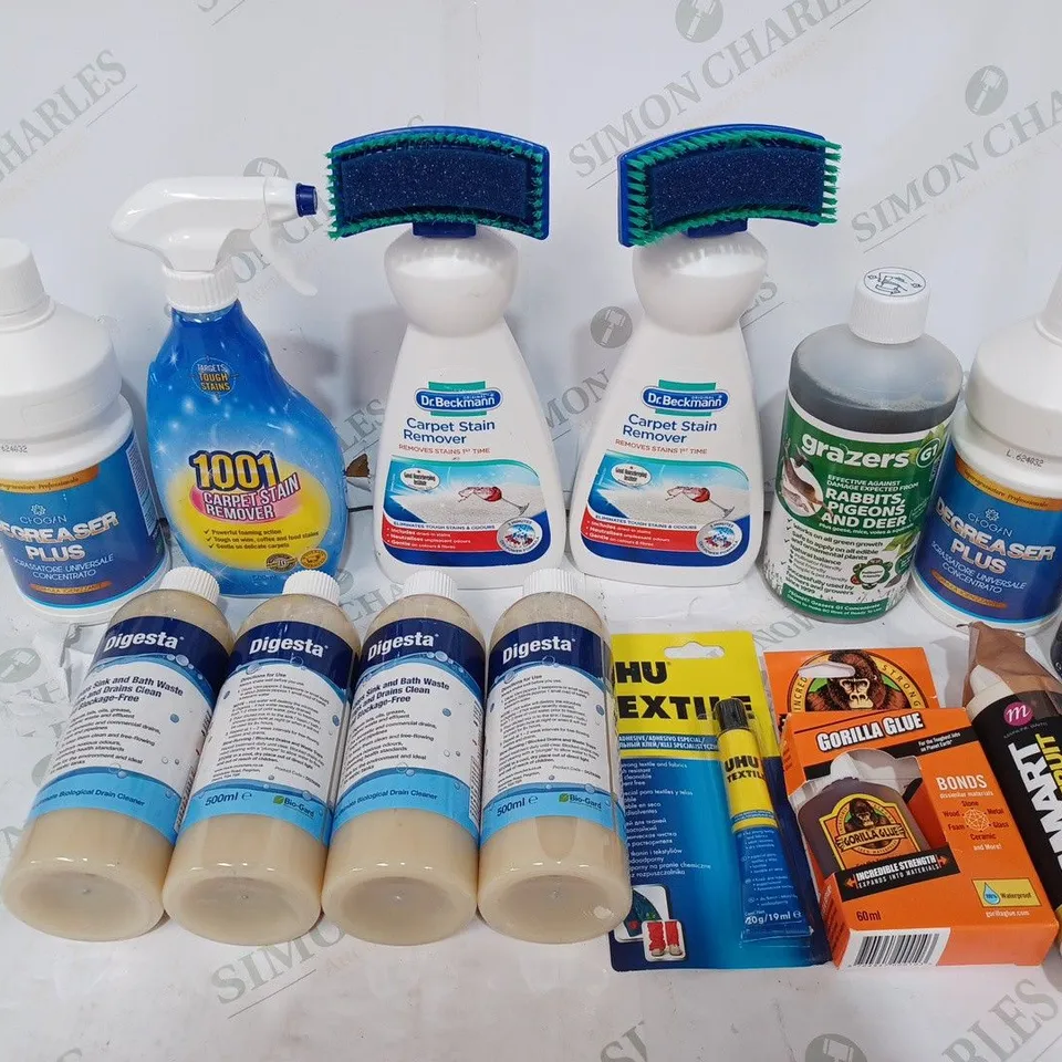 BOX TO CONTAIN APPROX. 15 X ASSORTED HOUSEHOLD DIY & MAINTENANCE PRODUCTS. INCLUDES CARPET STAIN REMOVER, SUPER GLUE, SINK & BATH WASTE CLEANER ETC - COLLECTION ONLY
