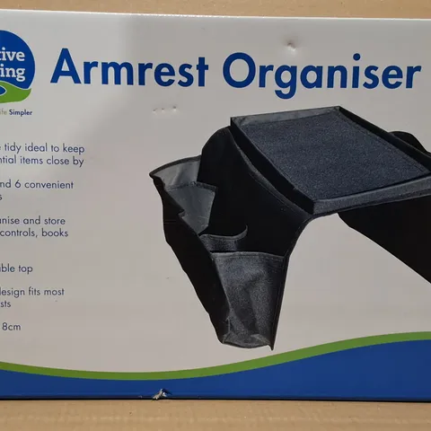 BOX OF APPROXIMATELY 12 ACTIVE LIVING ARM REST ORGANISER 