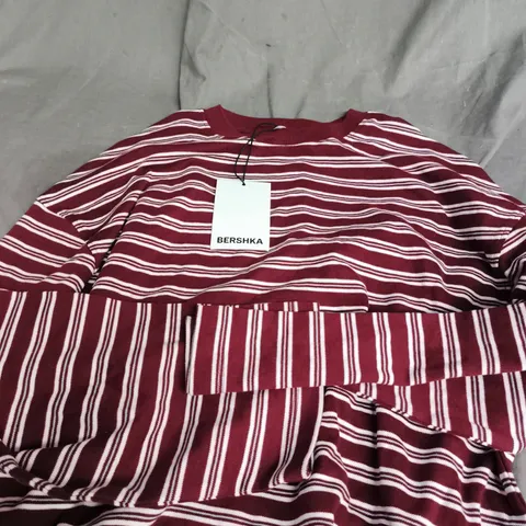 BERSHKA STRIPED KNIT TOP – BURGUNDY & WHITE, SIZE M 