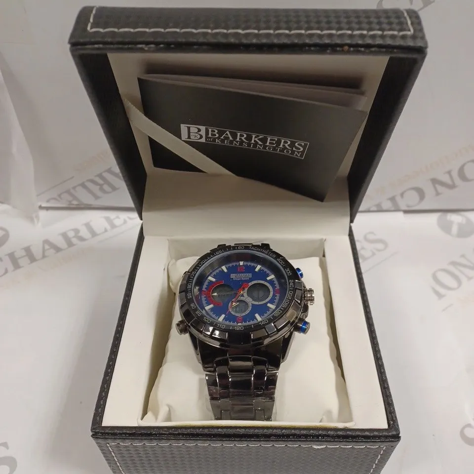 BOXED BARKERS OF KENSINGTON MEGA SPORT BLUE DIAL WATCH 