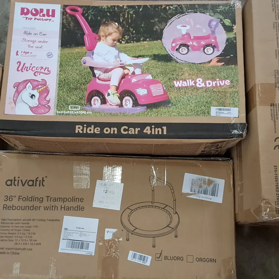 PALLET OF ASSORTED HOUSEHOLD ITEMS TO INCLUDE 36" FOLDING TRAMPOLINE, RIDE ON CAR AND KIDS SCOOTER