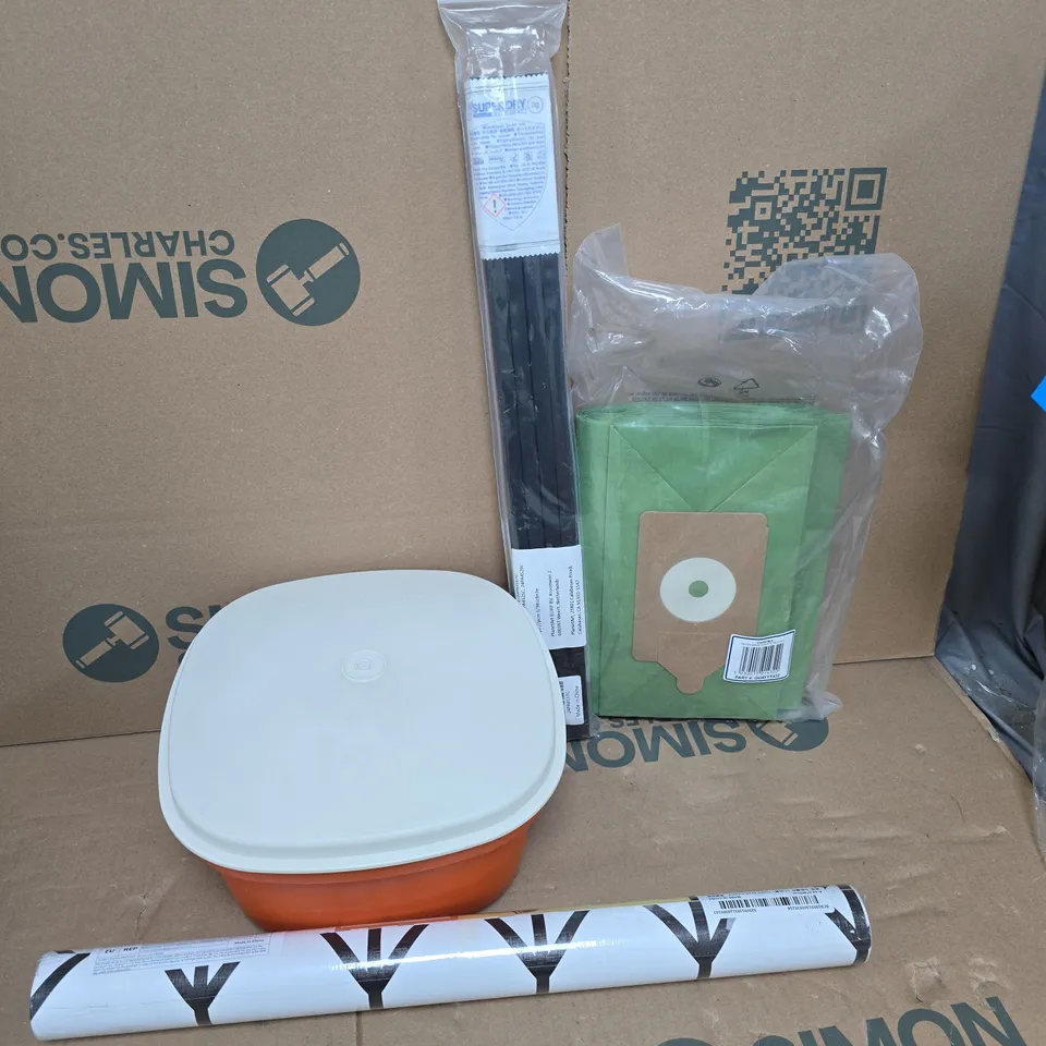 APPROXIMATELY 15 ASSORTED HOUSEHOLD PRODUCTS TO INCLUDE TUPPERWARE, NUMATIC PAPER BAGS, WALLPAPER, ETC