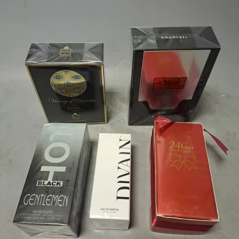 APPROXIMATELY 5 ASSORTED SEALED FRAGRANCES TO INCLUDE -DIVAIN 104 - MARINA VICTORY OF PARADISE - KHADLAJ SHIYAAKA SILVER - ETC