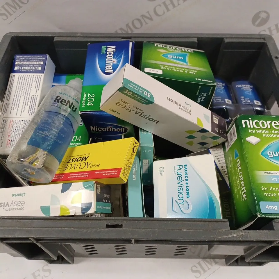 BOX TO CONTAIN APPROX. 20 X ASSORTED VISION CARE & SMOKING PREVENTION PRODUCTS. INCLUDES CONTACT LENSES & PACKS OF NICORETTE CHEWING GUM 