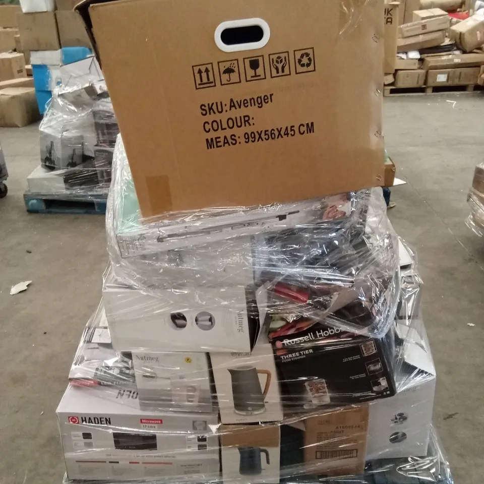 PALLET OF ASSORTED KITCHEN APPLIANCES AND HOUSEHOLD ELECTRIC GOODS TO INCLUDE; JUG BLENDERS, MICROWAVES, STEAM IRONS, FANS, FOOD STEAMER, FOOD PROCESSOR, KETTLES ETC