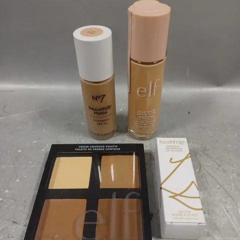 LOT OF 4 ASSORTED COSMETIC PRODUCTS TO INCLUDE - ELF HALO LIQUID FILTER IN 3 LIGHT/MEDIUM - LISA ELDRIDGE LIPSTICK IN RAINBOW SPILL - NO7 MATTE FOUNDATION IN COOL BEIGE - ETC