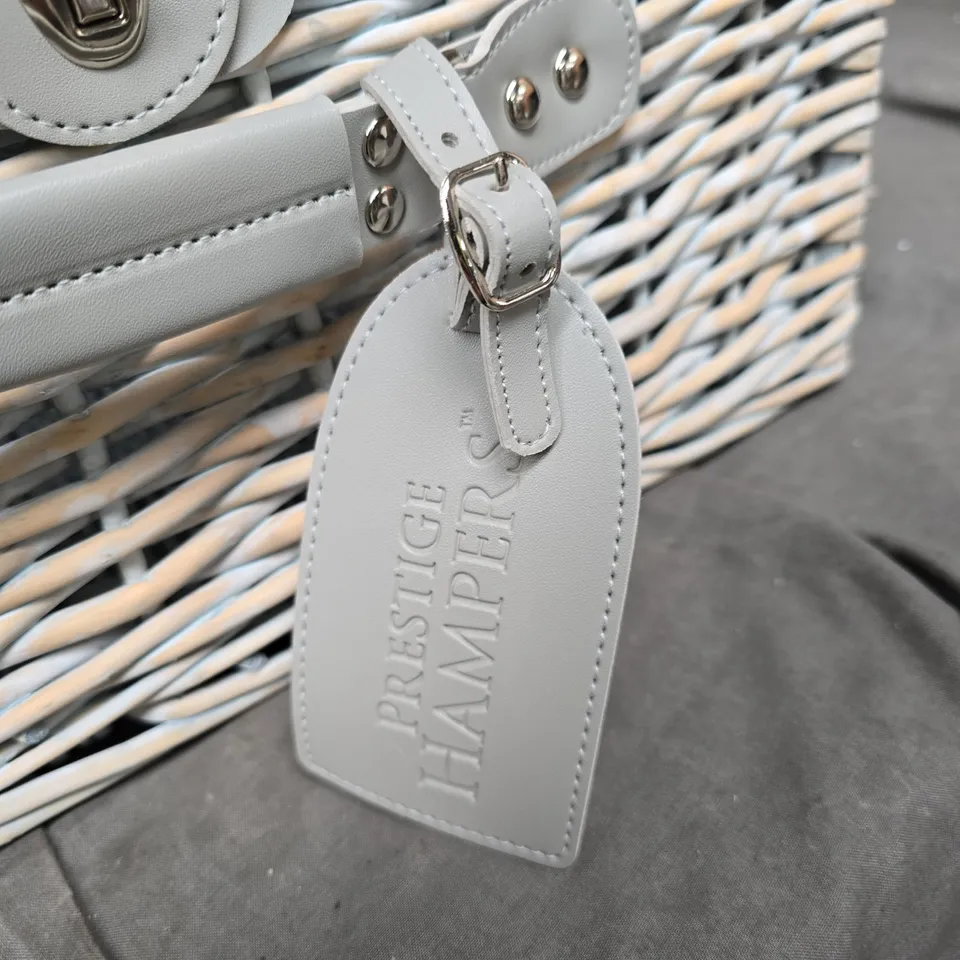 PRESTIGE HAMPERS WOVEN PICNIC HAMPER WITH GREY LEATHER STRAPS