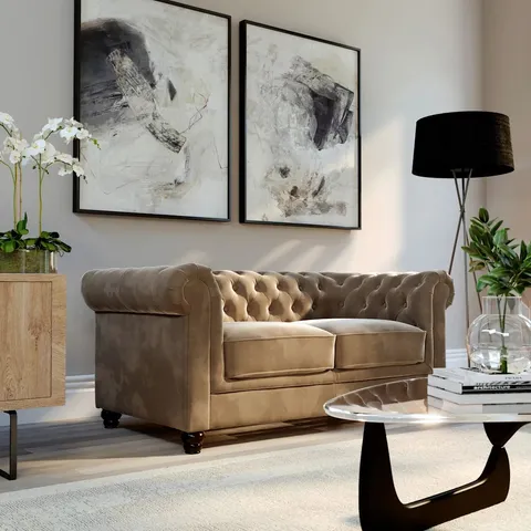 BOXED HAMPTON 2 SEATER CHESTERFIELD SOFA, BEIGE CLASSIC VELVET 