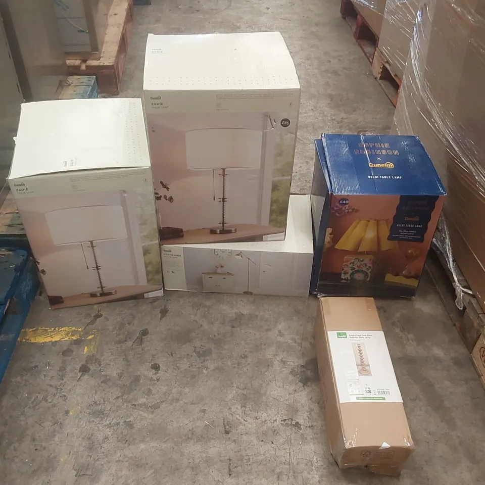 PALLET CONTAINING A VERY LARGE QUANTITY OF ASSORTED DESIGNER LIGHTING PRODUCTS INCLUDING: ZADIE TABLE LAMPS, LEVER ARM FLOOR LAMP, BELDI TABLE LAMP ECT