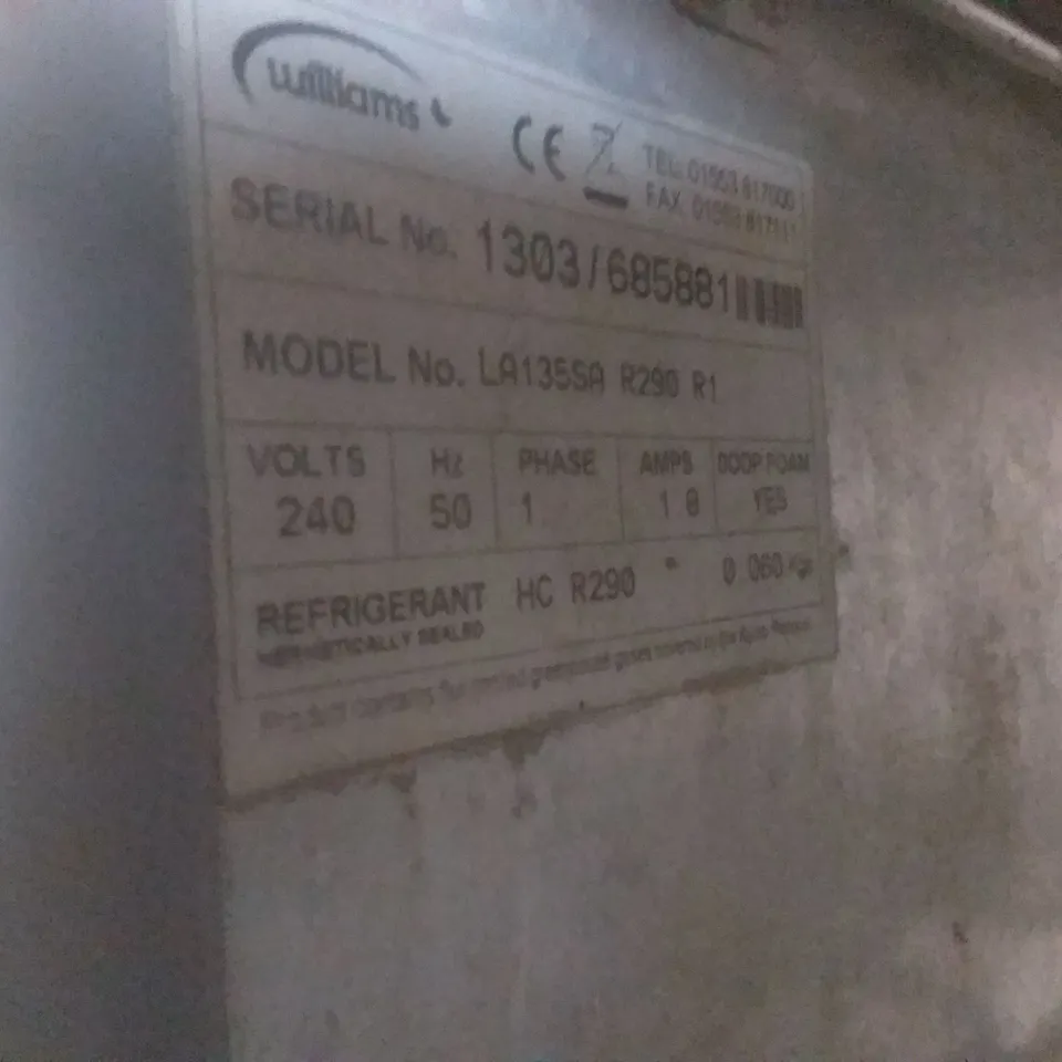 WILLIAMS LA135SA R290 R1 AMBER COMMERCIAL UNDER COUNTER FREEZER