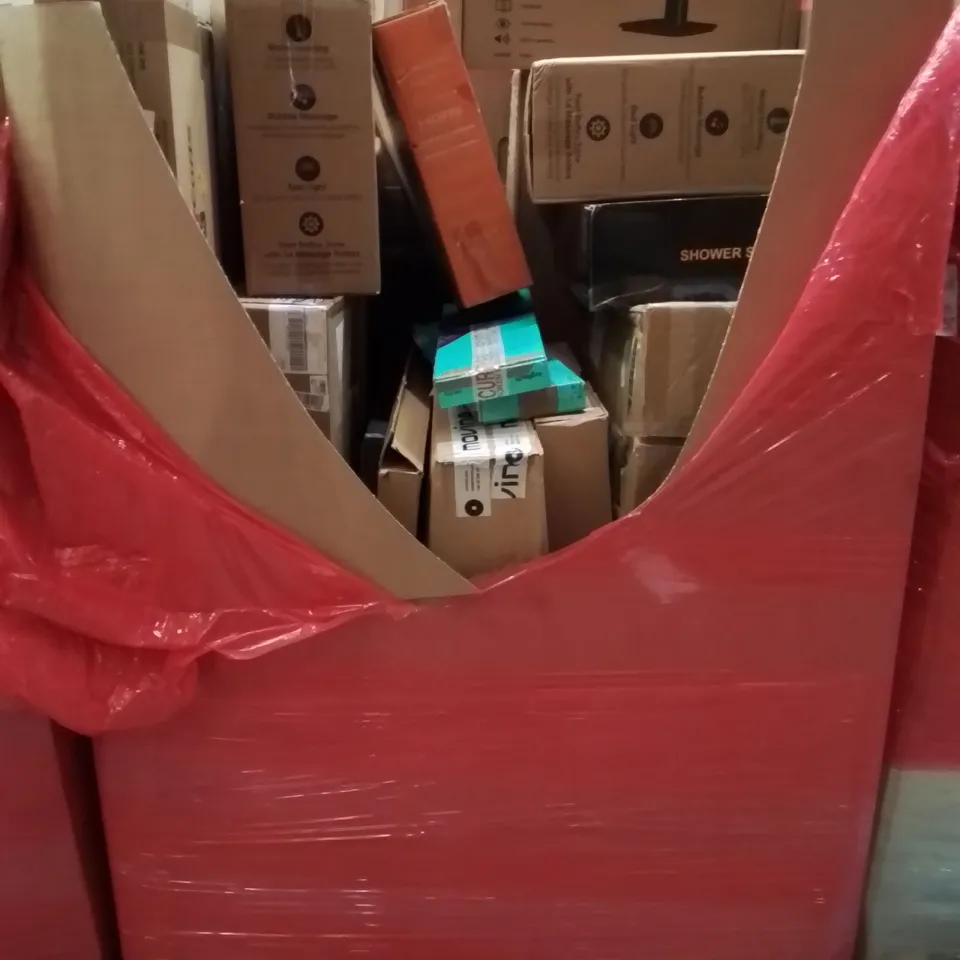 PALLET CONTAINING VARIOUS ASSORTED HOUSEHOLD ITEMS TO INCLUDE: FOOT SPA'S, COOKER HOOD, PC MONITORS, SHOWER SYSTEM, MUSIC TURNTABLE AND LOTS MORE UNMARKED BOXED ITEMS 