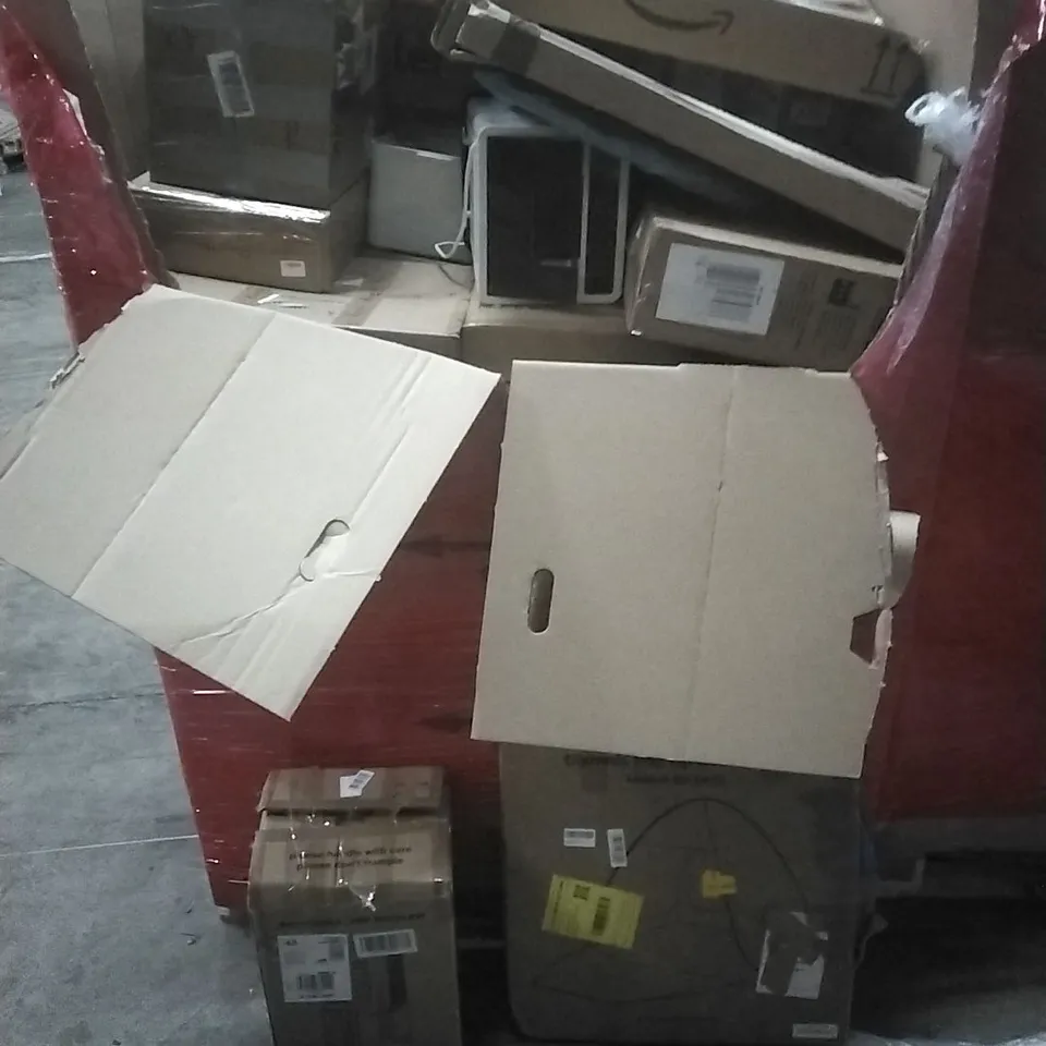 A PALLET CONTAINING ASSORTED HOUSEHOLD GOODS AND PRODUCTS TO INCLUDE; POP UP TENT, AIR COOLERS, BOXED FURNITURE ETC
