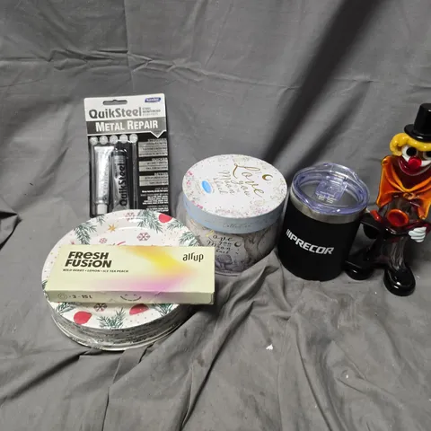 APPROXIMATELY 12 ASSORTED HOUSEHOLD ITEMS TO INCLUDE QUICKSTEEL METAL REPAIR, AIR UP PODS, PAPER PLATES, ETC