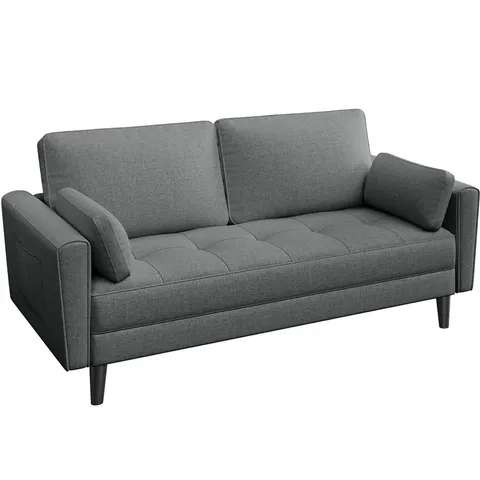 BOXED YAHEETECH 170cm FABRIC SQUARE ARM UPHOLSTERED SOFA WITH 2 THROW PILLOWS - DARK GREY (2 BOXES)