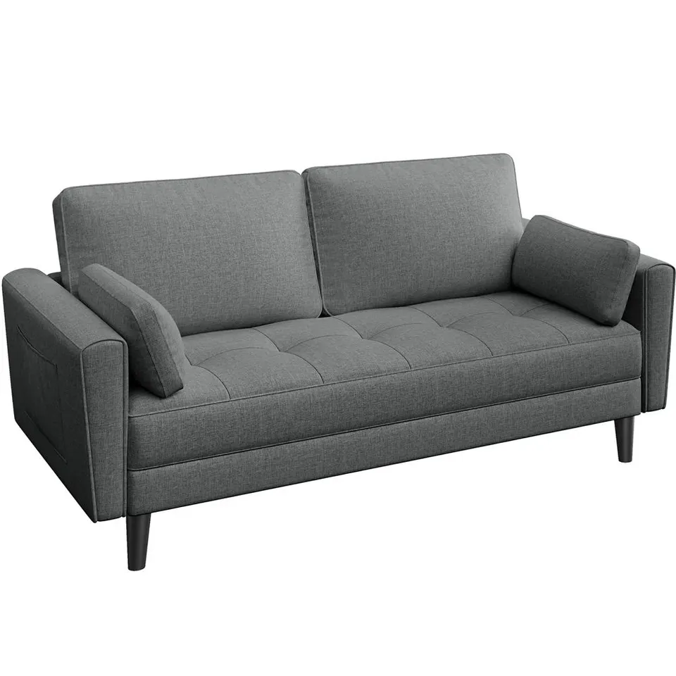 BOXED YAHEETECH 170cm FABRIC SQUARE ARM UPHOLSTERED SOFA WITH 2 THROW PILLOWS - DARK GREY (2 BOXES)