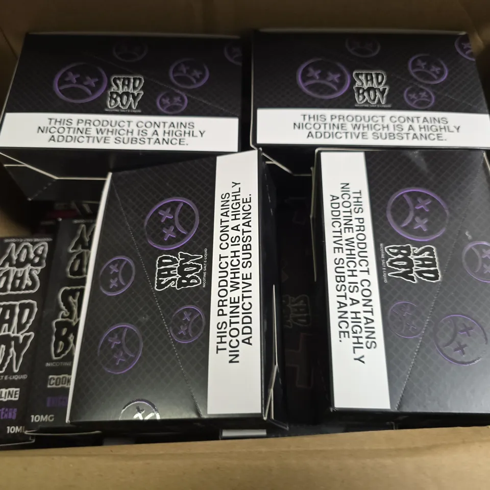 BOX OF APPROXIMATELY 15 ASSORTED E-CIGARETTES PRODUCTS TO INCLUDE -SAD BOY COOKIE LINE  & SAD BOY JAM LINE STRAWBERRY JAM 