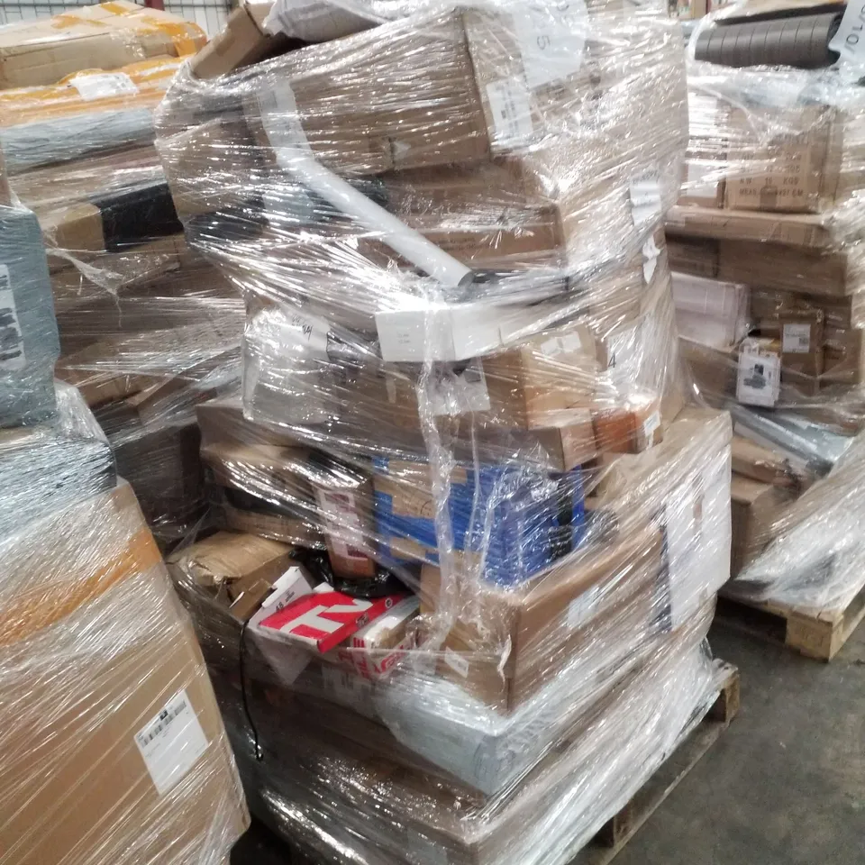 PALLET CONTAINING ASSORTED PRODUCTS INCLUDING TV WALL MOUNT, TOILET SEAT, 30M DOUBLE SCOOTER EXTENSION REEL & MANUAL PUMPING UNIT
