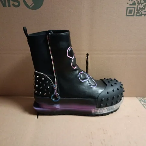 KOI BLACK STUDDED MID-CALF BOOTS WITH PURPLE TRANSLUCENT SOLE – RAINBOW LACES - UK 6