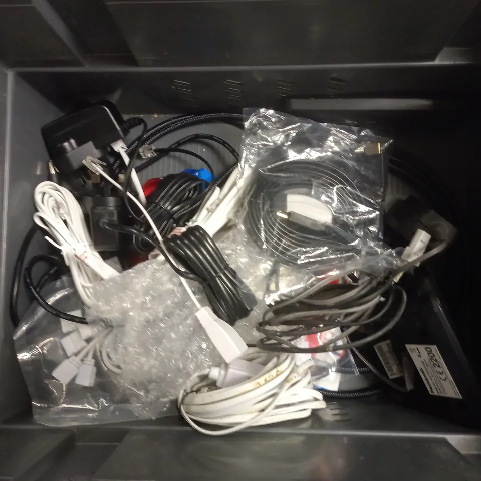 ASSORTED ELECTRICALS & ELECTRICAL CABLES OF VARIOUS TYPES TO INCLUDE BT REMORE, WIFIF ROUTER, PANASONIC LANDLINE BASE, ETC