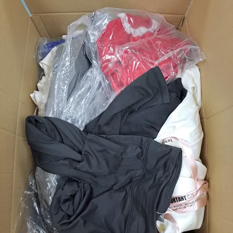 BOX OF APPROX. 50 ASSORTED CLOTHING VARYING IN SIZE/COLOUR/STYLE TO INCLUDE: TOPS, TROUSERS, JUMPERS