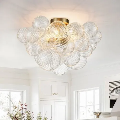 BOXED 3-LIGHT BRASS CLUSTER RIBBED GLASS BUBBLE SEMI FLUSH CHANDELIER 