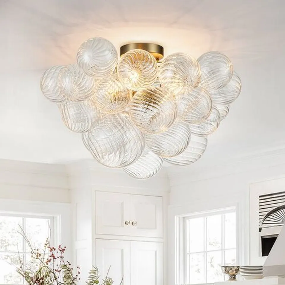 BOXED 3-LIGHT BRASS CLUSTER RIBBED GLASS BUBBLE SEMI FLUSH CHANDELIER 