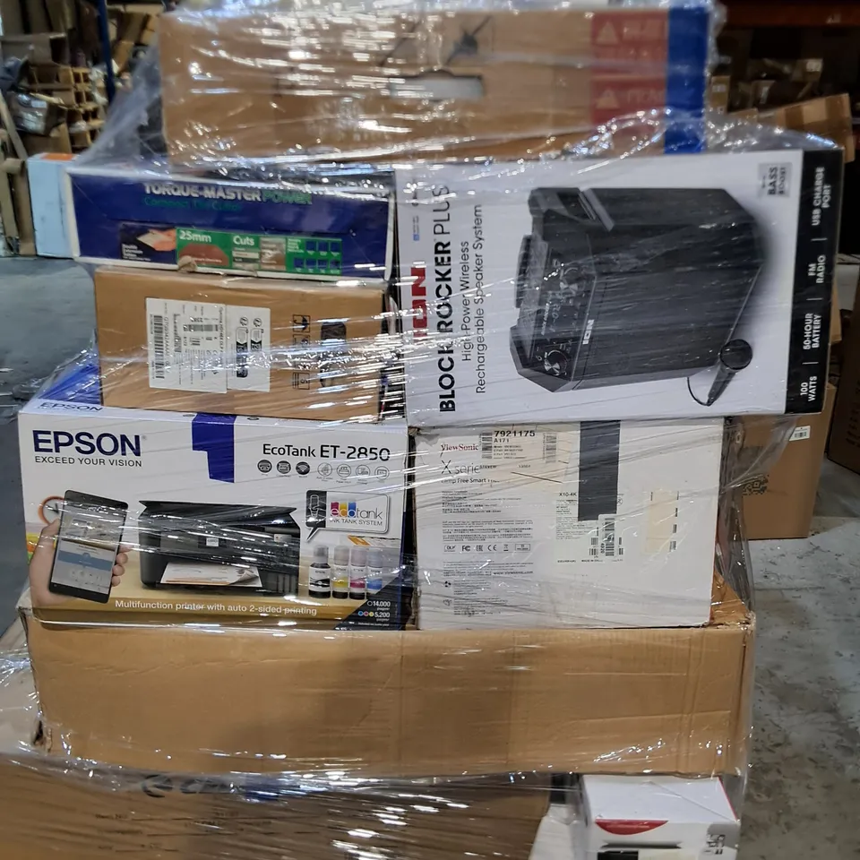 PALLET OF APPROXIMATELY 20 ASSORTED TECH ITEMS TO INCLUDE EPSON PRINTERS,HUAWEI MONITOR AND ION BLOCK ROCKER PLUS