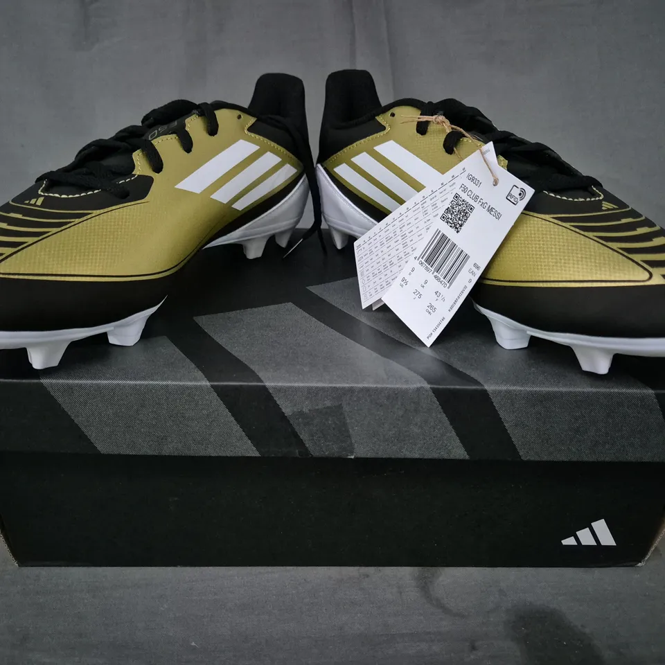 BOXED PAIR OF ADIDAS F50 CLUB FXG MESSI FOOTBALL BOOTS IN BLACK/GOLD/WHITE UK SIZE 9