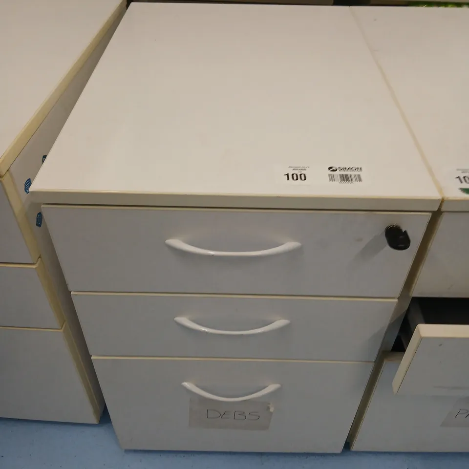 THREE PORTABLE THREE DRAWER OFFICE CHEST OF DRAWERS