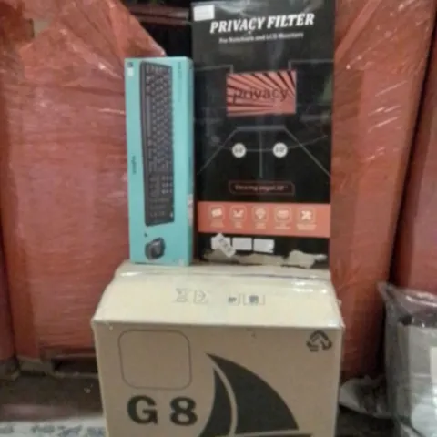 PALLET OF ASSORTED HOUSEHOLD GOODS AND PRODUCTS TO INCLUDE;RGB FAN,LOGITECH KEYBOARD,PRIVACY FILTER
