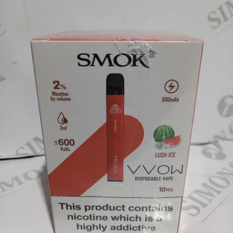 BOXED CELLOPHANE-WRAPPED PACK OF TEN SMOK VVOW DISPOSABLE VAPES- LUSH ICE