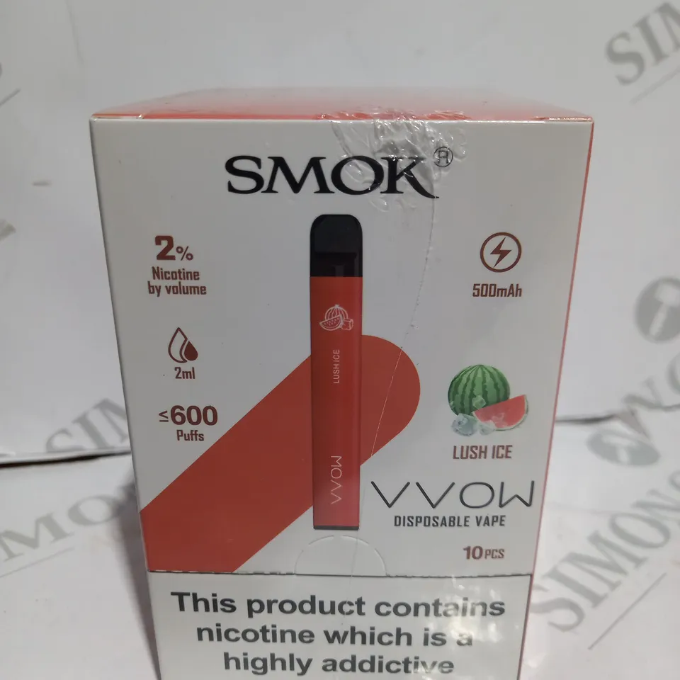 BOXED CELLOPHANE-WRAPPED PACK OF TEN SMOK VVOW DISPOSABLE VAPES- LUSH ICE