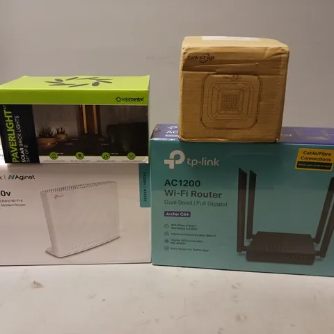 LARGE BOX OF ASSORTED HOUSEHOLD GOODS TO INCLUDE TP-LINK WIFI ROUTER, PAVERLIGHT, DUAL BAND MODEM ROUTER, AND PORTABLE MULTI-BAND TRANSCIEVER ETC.