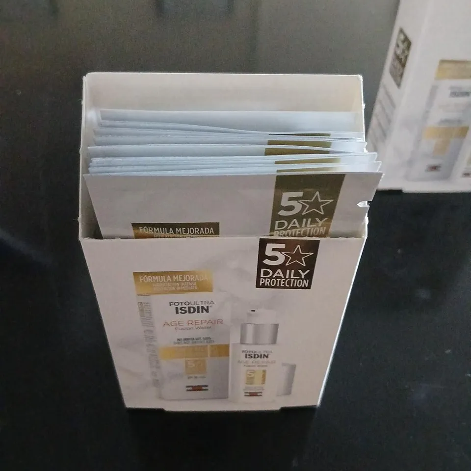 APPROXIMATELY 24 BOXES ISDIN FOTOULTRA AGE REPAIR FUSION WATER – FACIAL SKINCARE EACH BOX CONTAINS APPROXIMATELY TEN 2ML SAMPLE SACHETS
