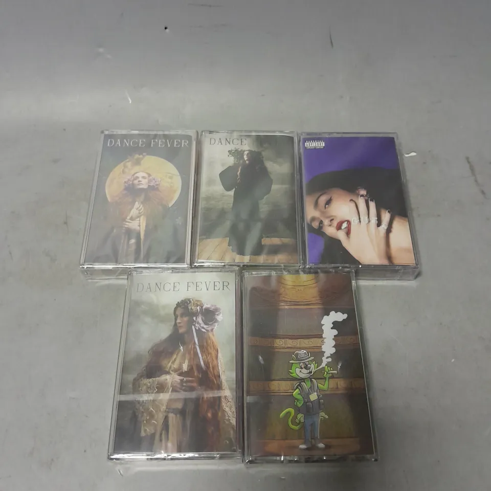 LOT OF 5 SEALED ASSORTED CASSETTE TAPES TO INCLUDE - OLIVIA RODRIGO GUTS - FLORENCE AND THE MACHINE DANCE FEVER - NINES QUIT WHILE YOU'RE AHEAD - ETC