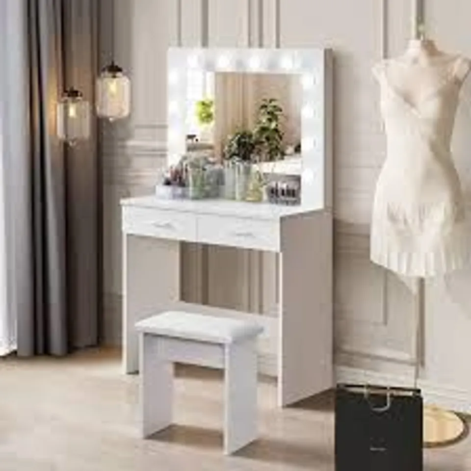 BOXED HOLLYWOOD WHITE DRESSING TABLE SET WITH LED LIGHTS