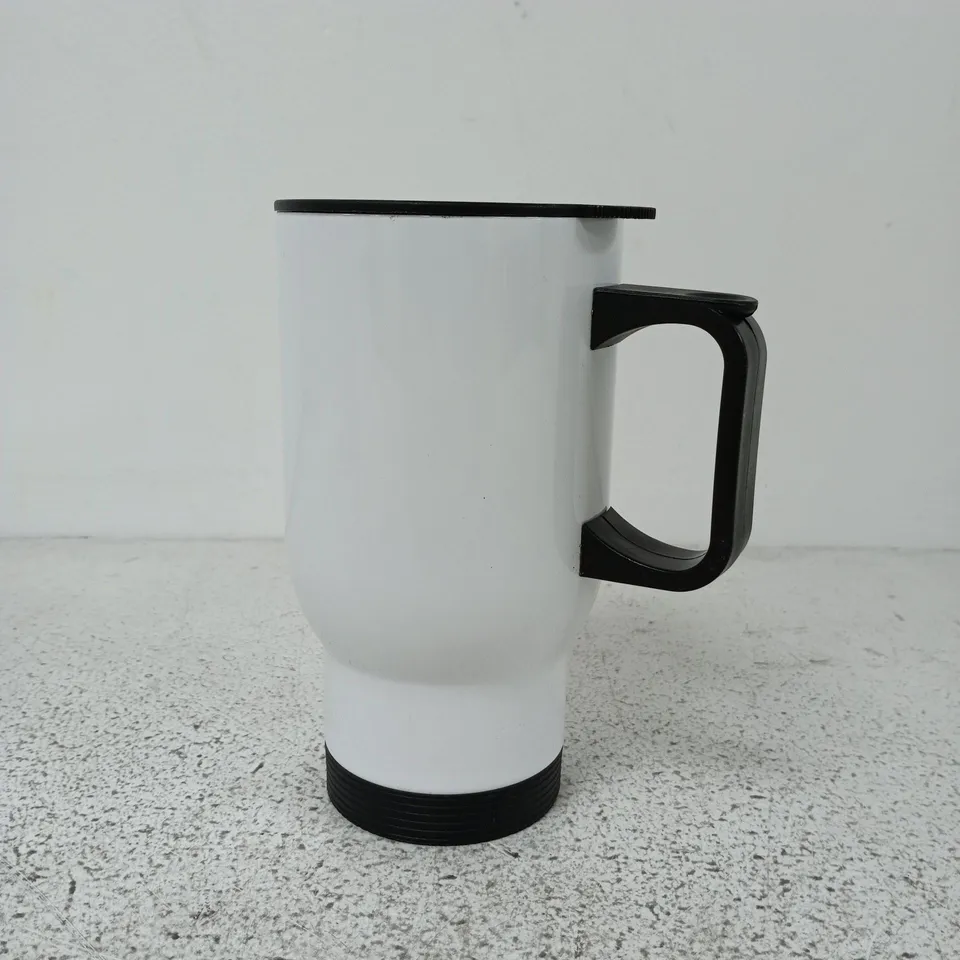 BOXED UNBRANDED STAINLESS STEEL TRAVEL MUG IN WHITE/BLACK