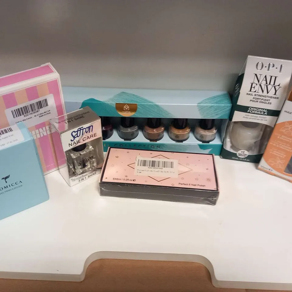 APPROXIMATELY 35 ASSORTED NAIL BASED PRODUCTS TO INCLUDE; SAFFRON, NAIL HQ, O.P.I AND VISHINE