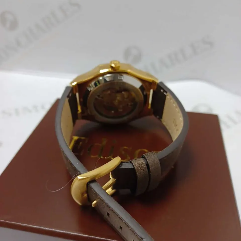 EDISON OCTAGONAL SKELETON DIAL LEATHER STRAP WATCH