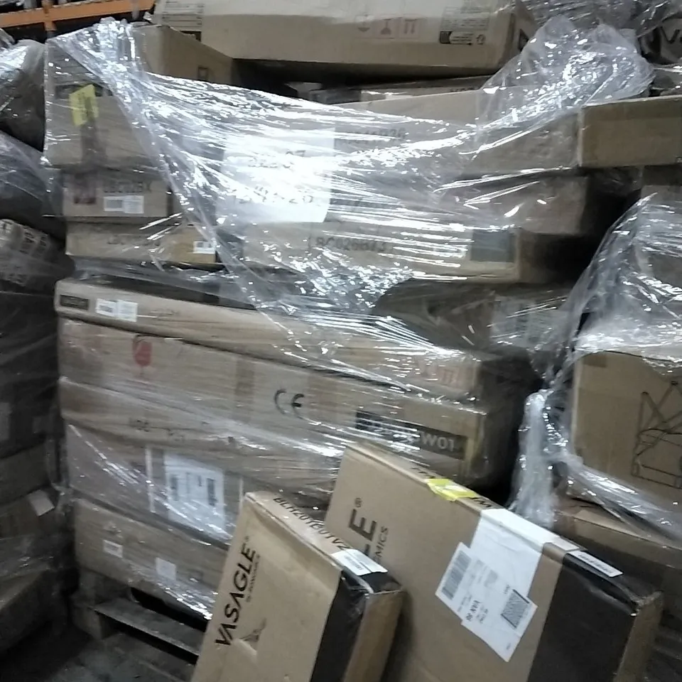 PALLET OF HOUSEHOLD ITEMS TO INCLUDE SHOE BOX, COMPUTER DESK, CAMPING CHAIR, STORAGE OTTOMAN, BAR STOOLS AND OTHER ASSORTED ITEMS...