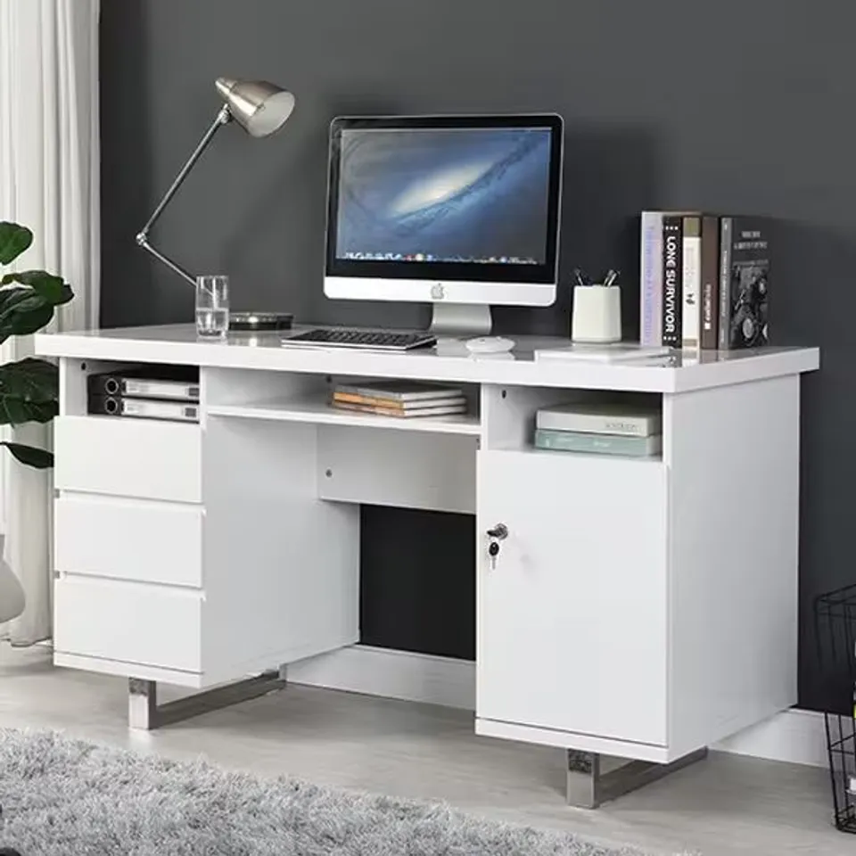 BOXED SYDNEY WHITE GLOSS COMPUTER DESK WITH 3 DRAWERS (2 BOXES)