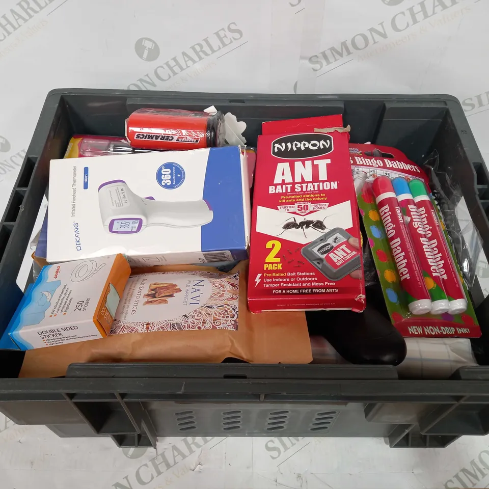 BOX TO CONTAIN APPROX 30 ASSORTED HOUSEHOLD PRODUCTS, INCLUDES INFRARED FOREHEAD THERMOMETER, REMOTE, BINGO MARKERS, TRAVEL WALLET ETC