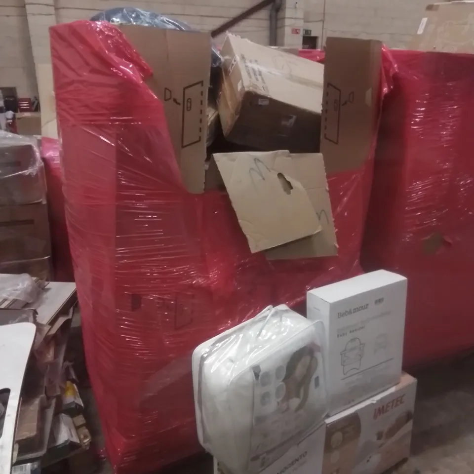 PALLET OF ASSORTED HOUSEHOLD GOODS AND FURNITURE TO INCLUDE;BEBÁMOUR MULTI-FUNCTION BABY BOOSTER, MORENTO WIFI AIR PURIFIER, IMETEC HEATED MATTRESS COVER (200CM X 150CM) ETC