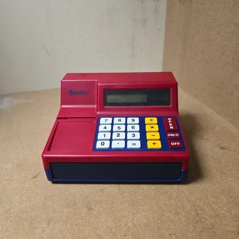 PLASTIC TOY CASH REGISTER β RED WITH BLUE BASE AND KEYPAD