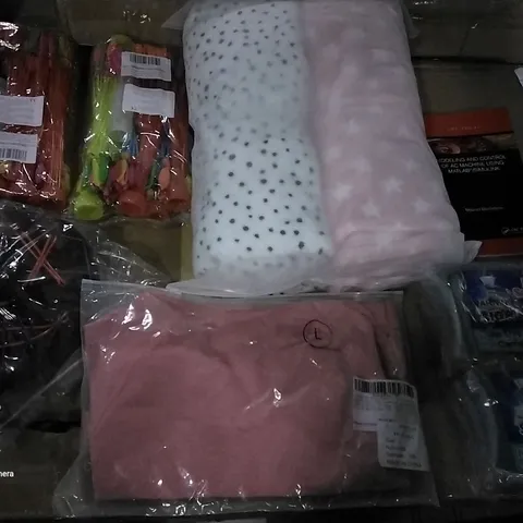 PALLET OF ASSORTED ITEMS INCLUDING SELF-ADHESIVE SEALING WATER BALLOONS, HALLOWEEN MASK, WOMEN'S GYM CROP TOP, MULTI-USE SCRUB SPONGE, NICKS PROTEIN BAR