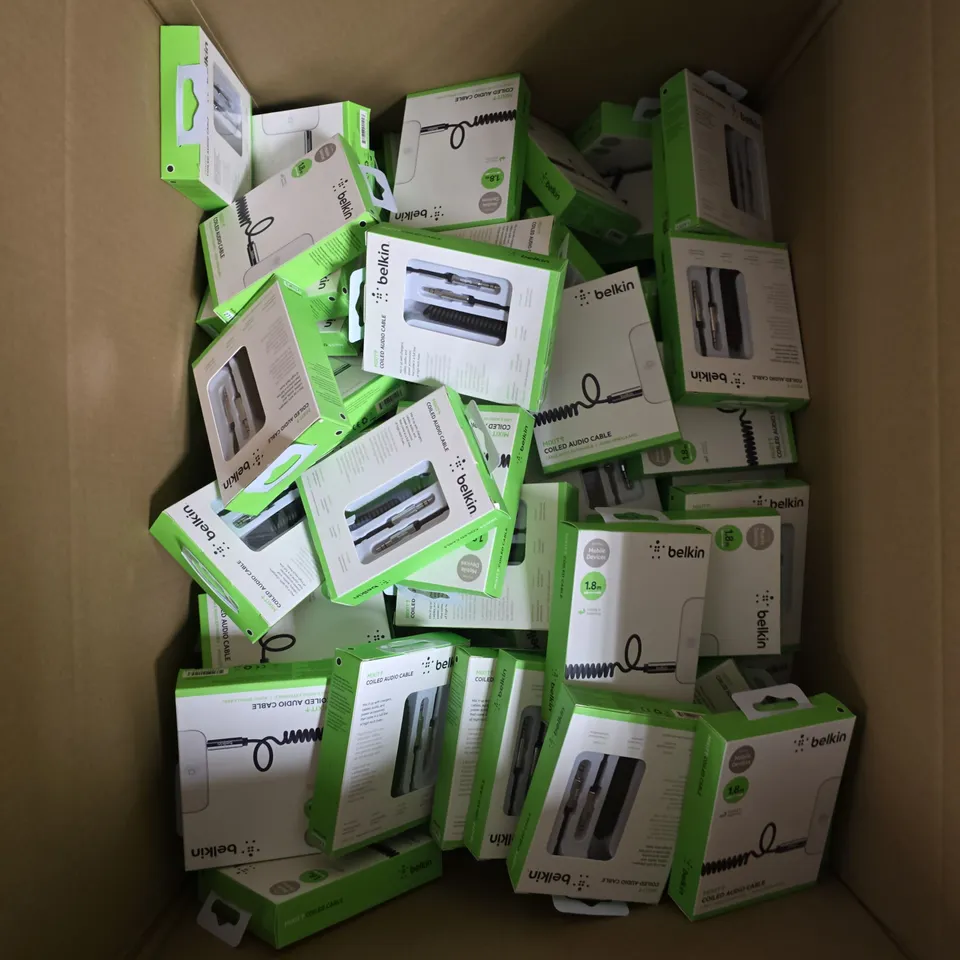 APPROXIMATELY 60 BOXED BELKIN COILED AUDIO CABLES - 1.8M