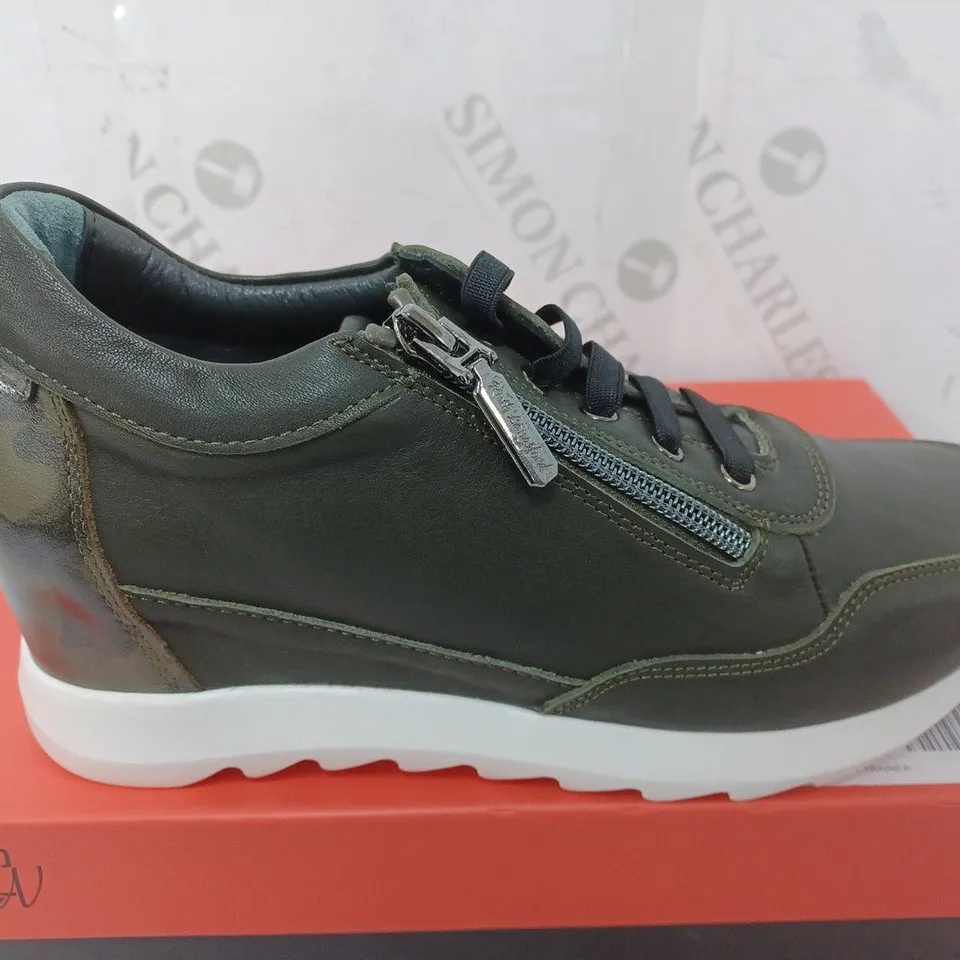 RUTH LANGSFORD WEDGE TRAINER IN KHAKI - SIZE 38